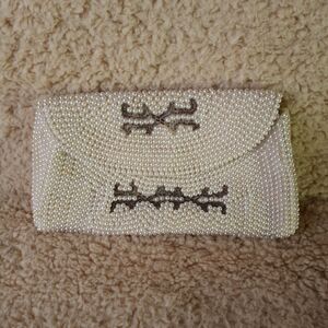 Vintage Beaded Clutch Purse Cream Colored Faux Pearl Covered Small